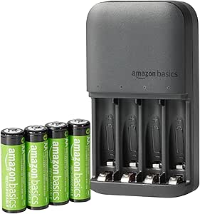 Amazon Basics Rechargeable AA NiMh Batteries with 4 Bay Battery Charger, UK Plug, Black, 4 Count (Pack of 1)