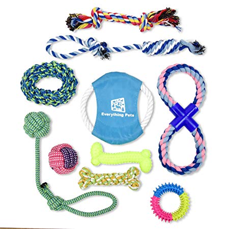 Everything Pets Dog Toys - Set of 10 - Rope Toys for Medium, Large and X-Large Dog, Includes Dog Frisbee - Ball - Bones -Tug of War - Chew Toys - for Aggressive Chewers