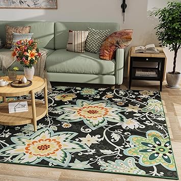 LOCHAS Floral Area Rug 5x7 for Living Room, Washable Rug for Bedroom with Rubber Backing, Soft Non Slip Low Pile Flower Print Rugs for Dining Room Kids Nursery Home Decor Carpet, Emerald Green