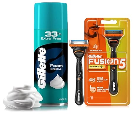 Gillette Fusion Power Razor for Men with styling back blade for Perfect Shave and Perfect Beard Shape & Gillette Classic Sensitive Shave Foam - 418 g (33% extra)