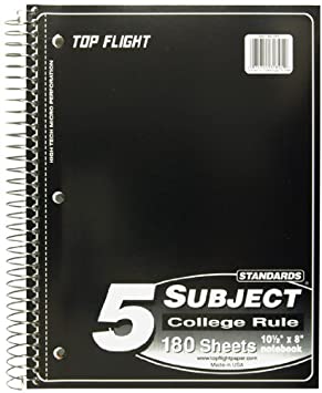 Top Flight Standards 5-Subject Wirebound Notebook, 180 Sheets, 3-Hole Punched, College Rule, 10.5 x 8 Inches, 1 Notebook, Color May Vary (31805)