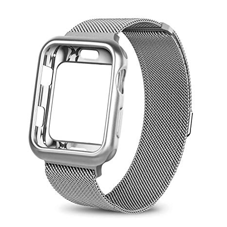 HONEJEEN Compatible with iWatch Band 38mm 42mm with Case, Stainless Steel Mesh with Adjustable Magnetic Closure Replacement for iWatch Band Series 3 2 1