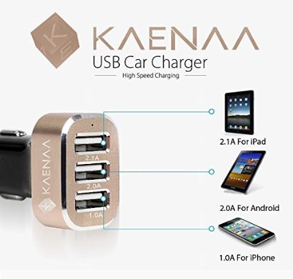 KAENAA™ [Lifetime Warranty] 3 USB Port Car Charger-[Black / Gold] 5.1 A/25.5 W Portable External Travel Charger Car Charger Extended Battery Pack Charger for Samsung Z,Galaxy S5,Prime,S5 Active,S4,S3,Note 4 3, 2;Tab 4 3 2 7.0 8.0 10.1 S 8.4 10.5;Amazon Fire Phone;The All New HTC One M8,Ace,Mini 2,M7;Apple iPhone 6 5S 5 5C 4S 4,iPad Air 5 4 3 2 1,iPad Mini/Retina,iPod Touch;Google Nexus 5 4 7 8 FHD 2;LG Optimus G3,G2,G Pro 2,G Flex,G Pad;Sony Xperia Z2;Other Android Smartphone/Tablets Case Cable USB Power Devices