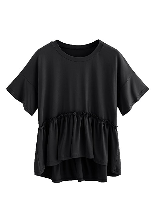 ROMWE Women's Loose Ruffle Hem Short Sleeve High Low Peplum Blouse Top