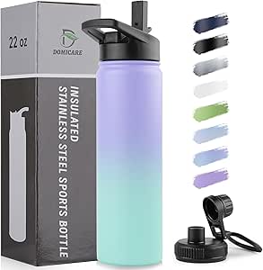 DOMICARE Insulated Water Bottle, 22 oz Vacuum Insulated Stainless Steel Reusable Sports Bottle with Straw Lid & Spout Lid for Travel, Camping, Bike, Leakproof, Purple/Green, 1 Pack