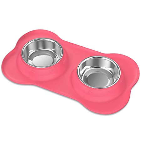 Pawaboo Pet Dog Cat Bowls, Premium Stainless Steel Pet Feeder with Food Grade Bone Shaped Rubber Base, 5.51 Inch Diameter Bowls for Pet Dog Cat Food or Water, Set of 2, Large Size, PINK