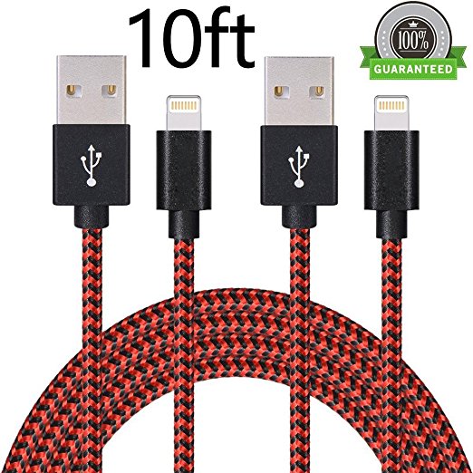 ONSON iPhone Cable,2Pack 10FT Extra Long Nylon Braided Cord Apple Lightning Cable Certified to USB Charging iPhone Charger for iPhone 7/7 Plus/6S/6 Plus,SE/5S/5,iPad,iPod Nano 7 (Black Red,10FT)