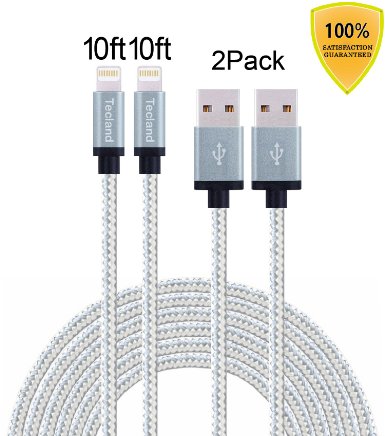 Tecland 2 pack 8Pin (10ft) extra long Nylon braided lightning to USB sync charging cable cord for iPhone 6s plus/ 6s/ 6 plus/ 6/ 5s/ 5c/ 5, iPad Air, iPad Mini, iPod Touch [sliver & gray]