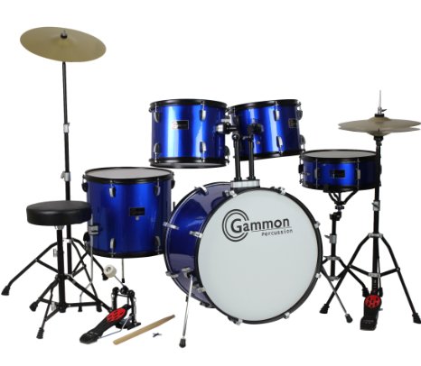 Drum Set Full Size Adult 5-piece Complete Metallic Blue with Cymbals Stands Stool Sticks