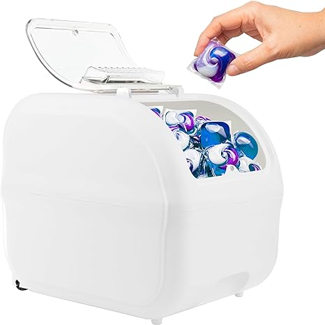 Skywin Laundry Pod Container (White) with Lift-Up Lid (Acrylic) - Laundry Pod Storage Container for Laundry Room Container Organization - Laundry Detergent Container, Dishwasher Pod Laundry Container