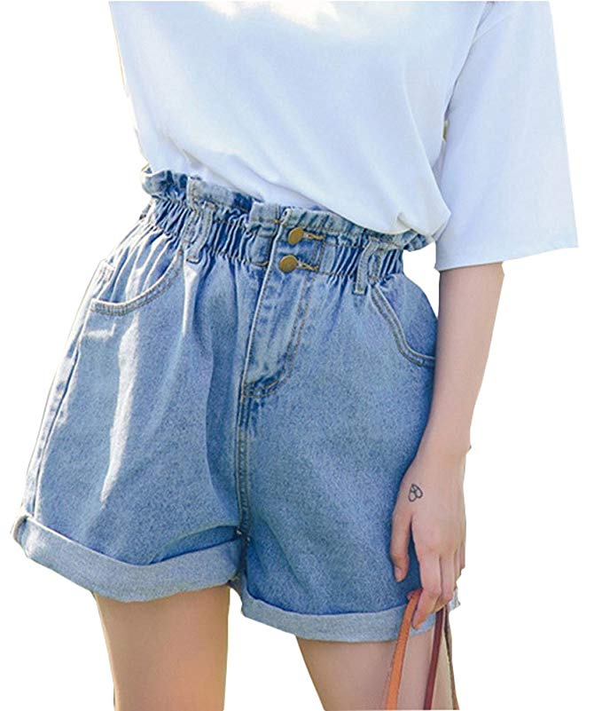 Plaid&Plain Women's High Waisted Denim Shorts Rolled Blue Jean Shorts