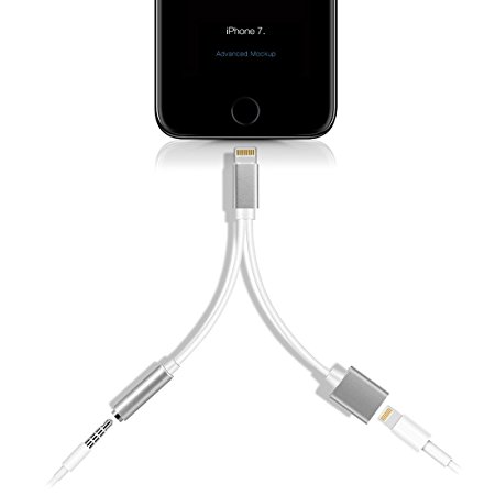 iphone 7 adapter, 2 in 1 lightning cable charge and headphone (Silver)