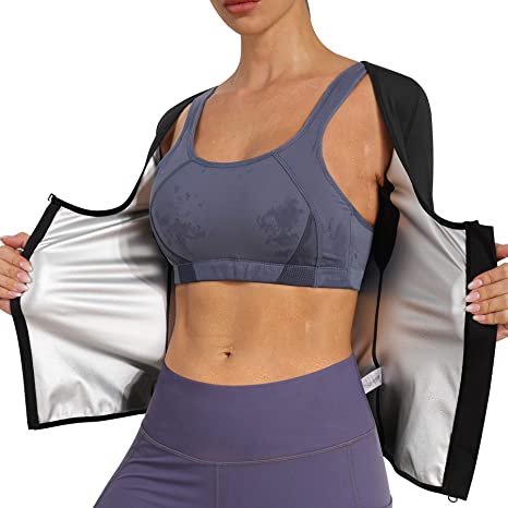 Nebility Women Sauna Sweat Suit Weight Loss Waist Trainer Shirt Workout Top Hot Sweat Jacket Zipper Long Sleeve Shaper