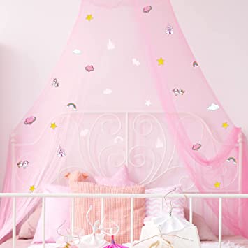 Stars Bed Canopy Glow in The Dark Bed Canopy for Girls Unicorn Room Decor for Girls Bedroom Pink Bed Canopy Crib Mosquito Net Fluorescent Mosquito Net Hanging for Girls, Kids and Babies