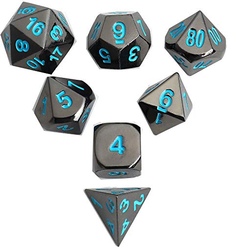 MicoYuan D&D Polyhedral Metal Game Dice Blue Numbers 7pcs Set of d4 d6 d8 d10 d12 d20