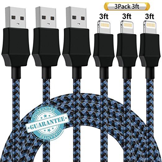DANTENG iPhone Charger 3Pack 3FT Nylon Braided USB Lightning Cable for iPhone X,8 Plus,8,7,6s,6,SE,5,5s,iPad,Mini,iPod - Black Blue