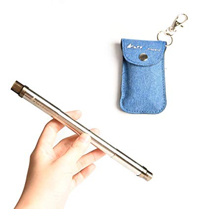 ASPERO Uniquely Expandable and Retractable Stainless Steel Straw Metal Drink Straws Length of 8 inch Reusable Straw Keychain with Cleaning Brush [Thick-Blue]