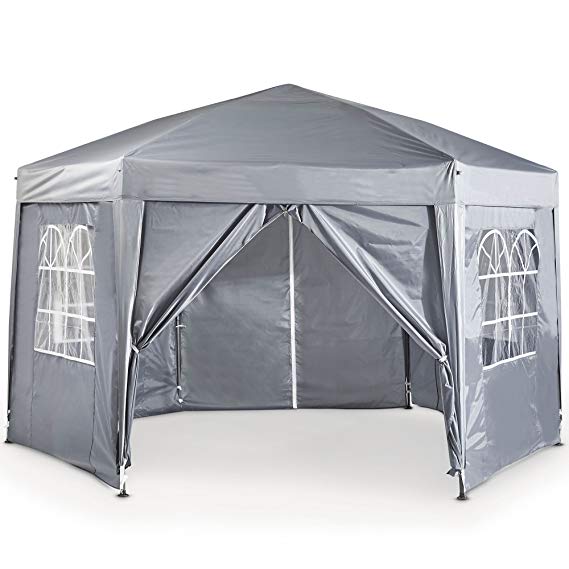 VonHaus Hexagonal Grey Gazebo- Outdoor Garden Marquee with Side Walls & Windows - Grey Colour