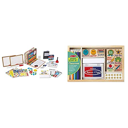 Melissa & Doug School Time! Classroom Play Set (Best for 4, 5, 6, 7 and 8 Year Olds) & Wooden Classroom Stamp Set with 10 Stamps, 5 Colored Pencils, 4 Sticker Sheets, and 2-Colored Stamp Pad