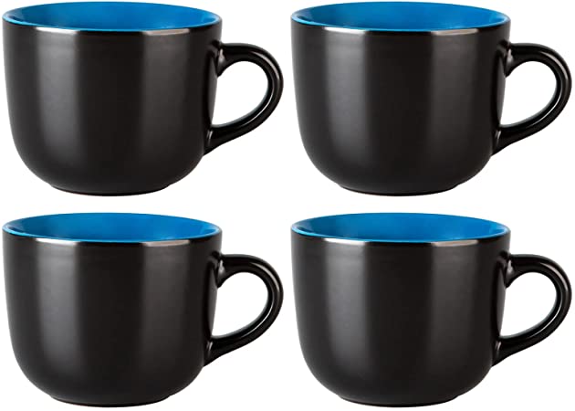 AmorArc Jumbo Coffee Mugs Set of 4, Large Ceramic Soup Mugs with Handles, 24 oz Large Cereal bowls for Soup,Cereal,Salad,Snacks, Noodles, Matt Black Outside, Bright Blue Inside