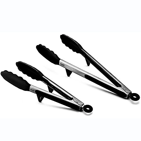 iNeibo Kitchen Premium Silicone Tongs - Pack of 2, 9 and 12 - Smart Locking Clip - Heat Resistant, Food Grade - Handy Utensil For Cooking, Serving, Barbecue, Buffet, Salad, Ice, Oven (Black)