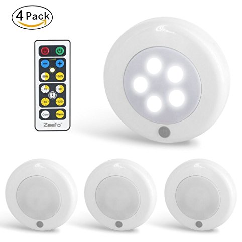 ZEEFO 4 Pack LED Puck Light, Wireless Battery-Powered LED Night Light With Remote Control, Stick-Anywhere LED Cabinet Light, Safe Wall Light For Hallway, Kitchen, Bedroom, Bathroom, Wardrobe