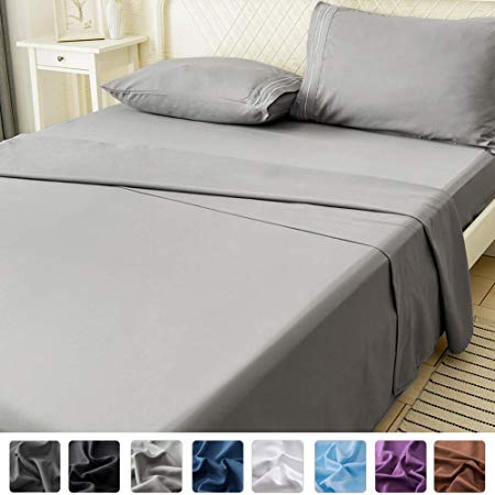 LIANLAM Queen Bed Sheets Set - Super Soft Brushed Microfiber 1800 Thread Count - Breathable Luxury Egyptian Sheets 16-Inch Deep Pocket - Wrinkle and Hypoallergenic-4 Piece(Queen, Grey)