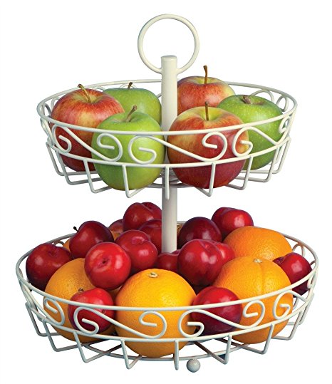 Deluxe tiered fruit basket stand for the countertop in rustic cream color with FREE melon baller included. 2 tier fruit basket has anti-scratch design. SPECIAL INTRODUCTORY PRICE FOR LIMITED TIME
