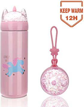 New Unicorn Water Bottle for Kids, 12 Ounce Thermoses Stainless Steel Water Bottle Vacuum Insulated Water Flask Gift for Girls, Unicorn Drink Bottle with Box (Pink)
