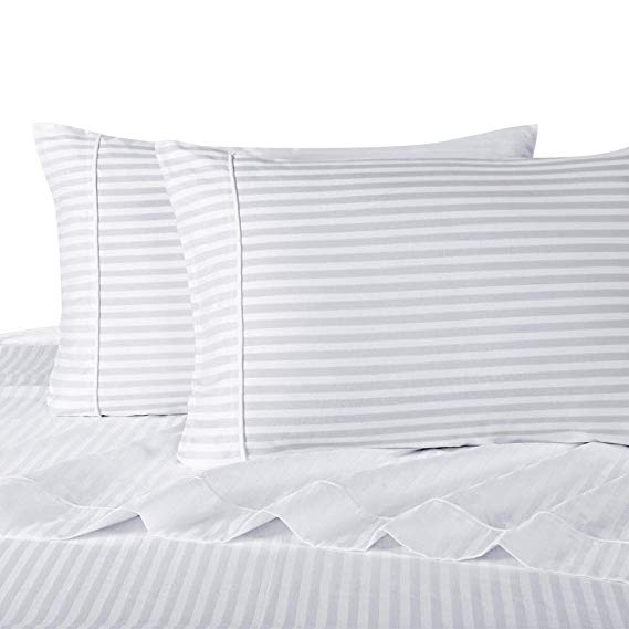 Exquisitely Lavish Sateen Stripe Weave Bedding by Pure Linens, 300 Thread Count 100-Percent Plush Cotton, 5 Piece Split King (Adjustable Bed) Size Deep Pocket Hemmed Sheet Set, White