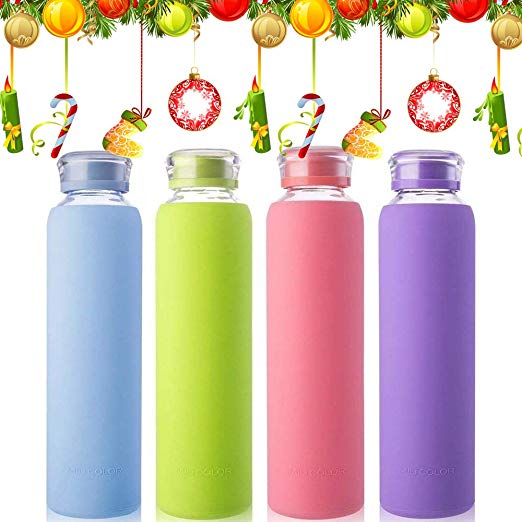 MIU COLOR Glass Juice Water Bottle 450ml Silicone Sleeve Leak Proof Cap Flask