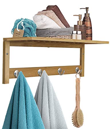 Sorbus Wall-Mounted Coat Hook Bamboo Wooden Coat Rack, 4 Hook Wall Mounted Towel Rack with Upper Storage Shelf, Great for Bathroom, Hallway, Mudroom, Bedroom, Wooden Scandinavian Style