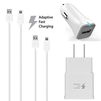 Samsung Galaxy S7 Adaptive Fast Charger Micro USB 2.0 Cable Kit by Ixir - {Wall Charger + Car Charger + 2 Cable} True Digital Adaptive Fast Charging uses dual voltages for up to 50% faster charging!
