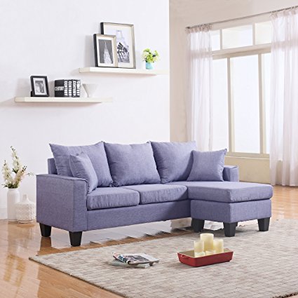 Modern Linen Fabric Small Space Sectional Sofa with Reversible Chaise (Light Grey)