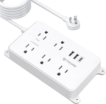 TROND Surge Protector Power Bar USB C, 5 Widely Spaced Outlets 3 USB Ports, 15ft Long Extension Cord Indoor, Flat Plug Power Strip, ETL Listed, Wall Mount for Home Office Supplies Dorm Room Essentials