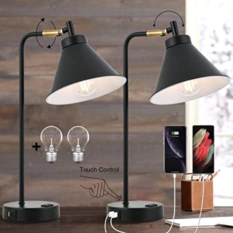 Industrial Dimmable Desk Lamp Set of 2 with USB Type-C Port & AC Outlet, Touch Control Bedside Nightstand Reading Lamp Flexible Head Black Metal Table Lamp for Bedroom Office Living Room Bulb Included