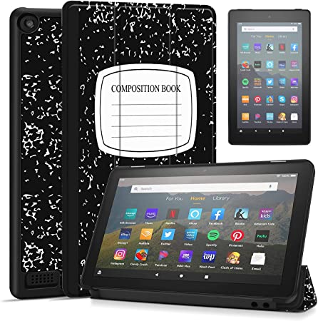 TNP Case Cover with Screen Protector for Amazon Kindle Fire 7 Tablet 9th & 7th Generation 2019 2017 Release - Smart Slim PU Leather Protective Sleeve w/ Auto Sleep Wake (Composition Book)