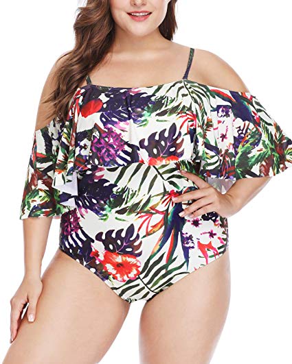 Wavely Women One Piece Plus Size Swimwear Ruffle Flounce Off Shoulder Printed Monokini Swimsuits