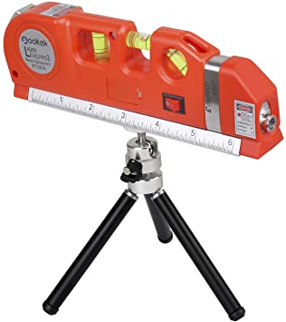 Qooltek Multipurpose Laser Level Line Laser 8ft Measure Tape Ruler Adjusted Standard and Metric with Black Metal Tripod(Red)