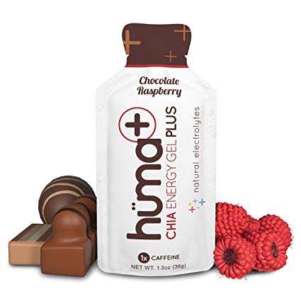 Huma PLUS - Chia Energy Gel, Chocolate Raspberry, 12 Gels, 1x Caffeine - Natural Electrolyte Enhanced Energy Gel