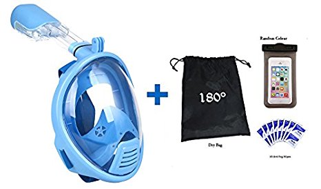 Snorkel Mask 180 GoPro Compatible Snorkel Mask- Full Face Breathing Design See More With Larger Viewing Area Than Traditional Masks. [Bonuses] Cell Phone Universal Waterproof Case (Dry Bag) and Anti-Fog wipes