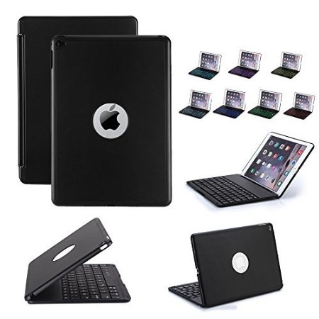 iPad Air 2 Keyboard Case iEGrow Slim Bluetooth Clamshell Protective Case with Keyboard and 135 Degree Rotation and 7 Colors LED Backlight Black