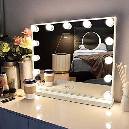 Vanity Mirror with Lights, Hollywood Large Lighted Makeup Mirror with 13 Dimmable LED Bulbs, 3 Color Modes for Bedroom Tabletop Lighting Mirror, Include 10X Detachable Magnification Spot Mirror