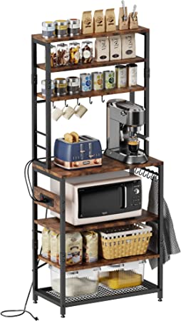 Amosic Kitchen Baker’s Rack with Power Outlet, Multiuse 7-Tier Metal Kitchen Bakers Rack, Floor Standing Spice Rack Organizer Workstation, for Microwave, Spice Jars, Pots and Pans, Rustic Brown