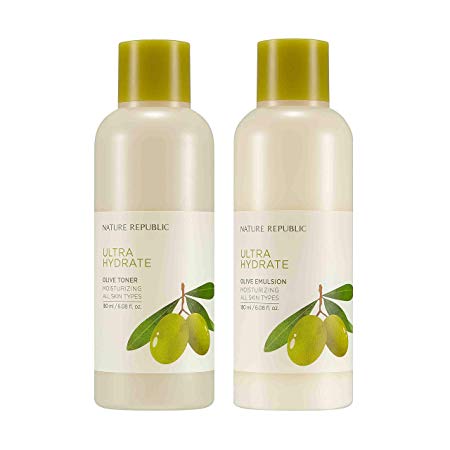 Nature Republic Toner Emulsion Set with Olive Leaf Extracts - Home Skin Care Moisturizer Set with Real Egyptian Olive 10,000ppm, Shea Butter, Vitamin E