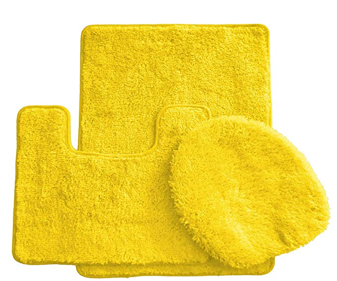 Royal Plush Collection 3-Piece Bathroom Rug Set, Bath Mat, Contour and Toilet Cover (Standard Round Size Toilet) - Yellow