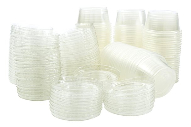 Disposable 2 oz Jello Shot Plastic Portion Cups with Lids, Clear Condiment Cups, Sampling Cup Pack of 100
