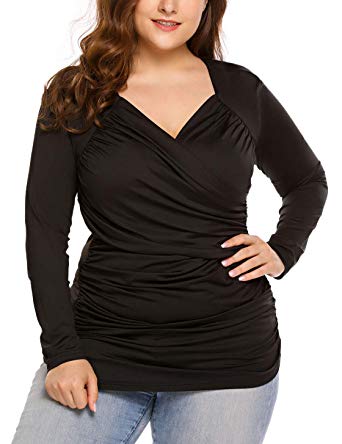 IN'VOLAND Womens Plus Size Blouse Long Sleeve V-Neck Ruched Blouse Tops Cross Front Shirt Wrap Front Drape Dolman Top 18W-24W