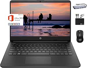 HP 2024 Premium 14" Micro-Edge Portable Laptop Student Business, Intel Quad-Core N4120, 8GB RAM, 256GB (128GB eMMC  128GB Card), Webcam, WiFi, Windows 11S   1 Year Office 365, MarxsolAccessory Black