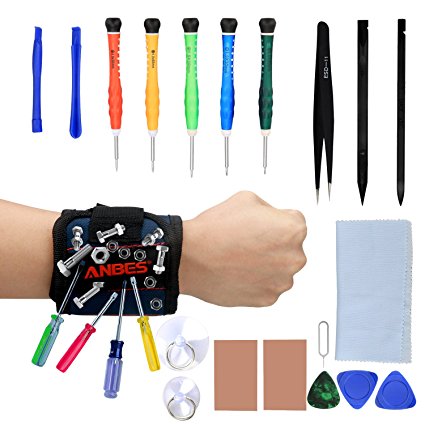 Anbes 18 in 1 Professional Opening Pry Tool Repair Kit with Non-Abrasive Nylon Spudgers, Magnetic Wristband, Anti-Static Tweezers, Screwdrivers